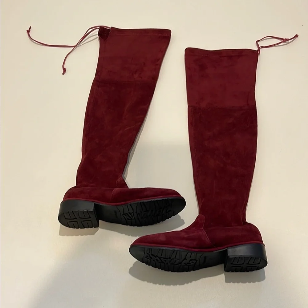 Stuart Weitzman Stylish Red Over the Knee Boots with Chunky Sole